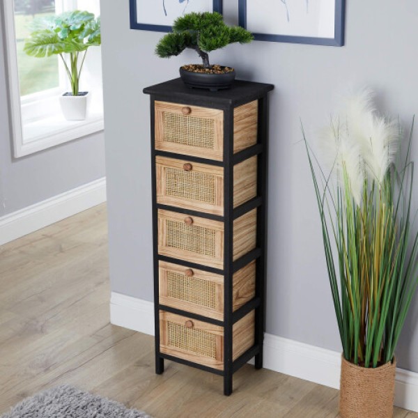 (5-Drawer Rattan Storage Cabinet) — Available in 3/4/5 Drawers, Made of Solid Wood, Fully Assembled